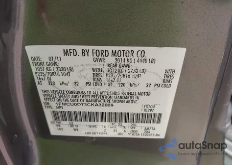 2012 Ford Escape Xlt из США, поврежденный, VIN 1FMCU0D73CKA32969